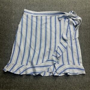 Loft Skirt Wrap 12 White Blue Front Mock Ruffled Linen Blend Casual Boho Womens